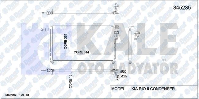 KALE 345235 Klima Radyatoru Kia Rio 1.4-1.6 05> (625x360x16) (Oto.-Mek.) (Al/Al) (Kurutucu Ile)